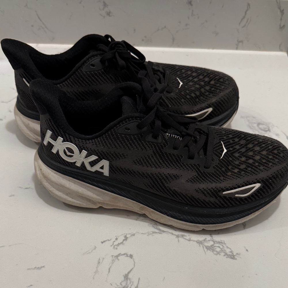 Hoka Black and White Athletic Shoes Clifton 9